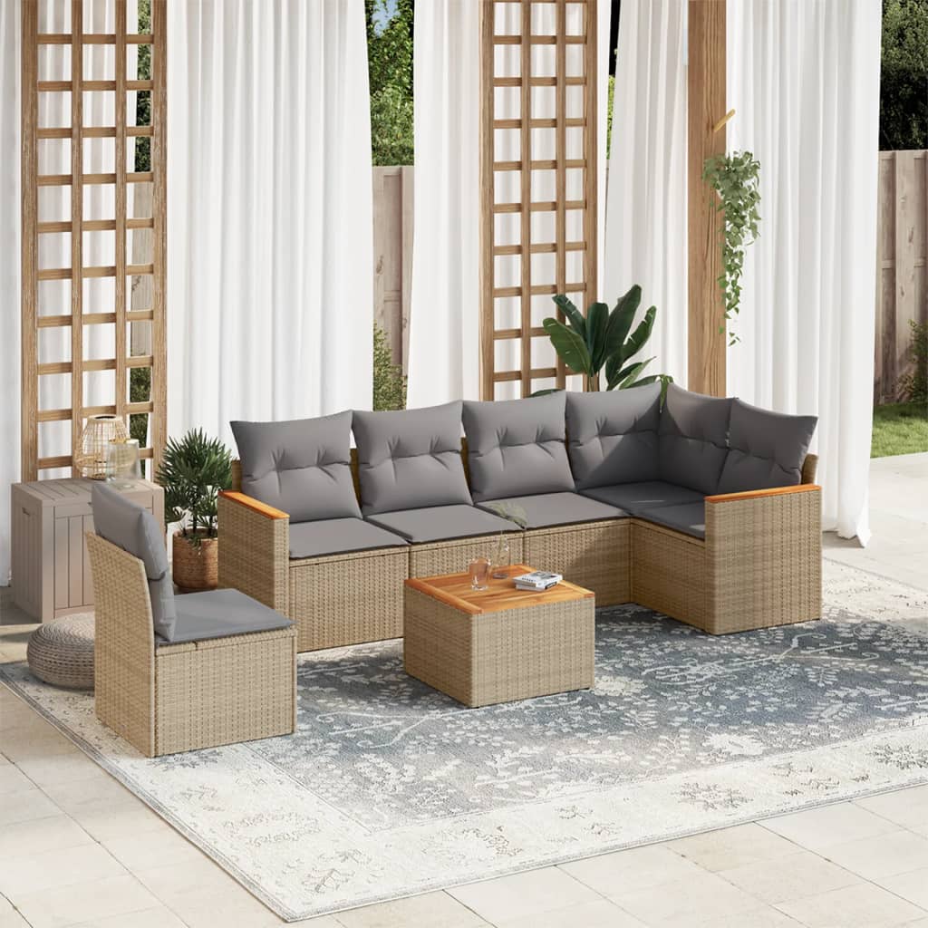 vidaXL 7-tlg. Garten-Sofagarnitur mit Kissen Beige Poly Rattan