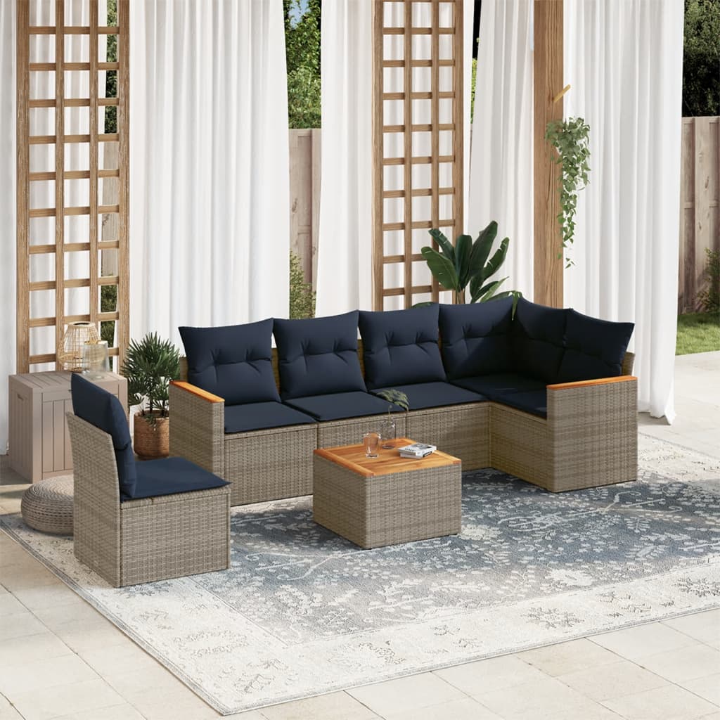 Set de sofás de jardín 7 pzas con cojines ratán sintético gris