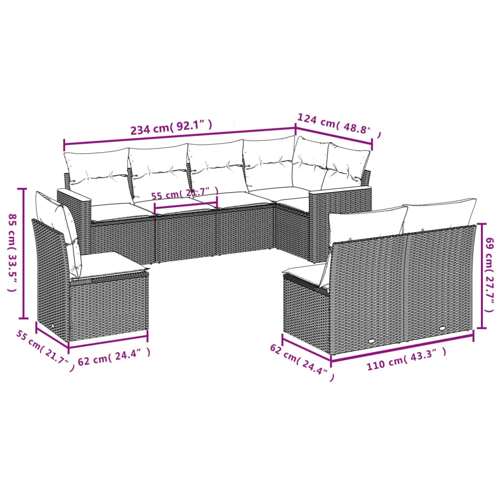 vidaXL 8-delige Loungeset met kussens poly rattan zwart afbeelding