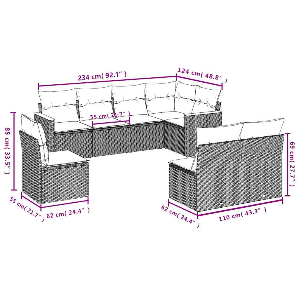 Set mobilier de grădină cu perne, 8 piese, negru, poliratan 3258443 - imagine 3