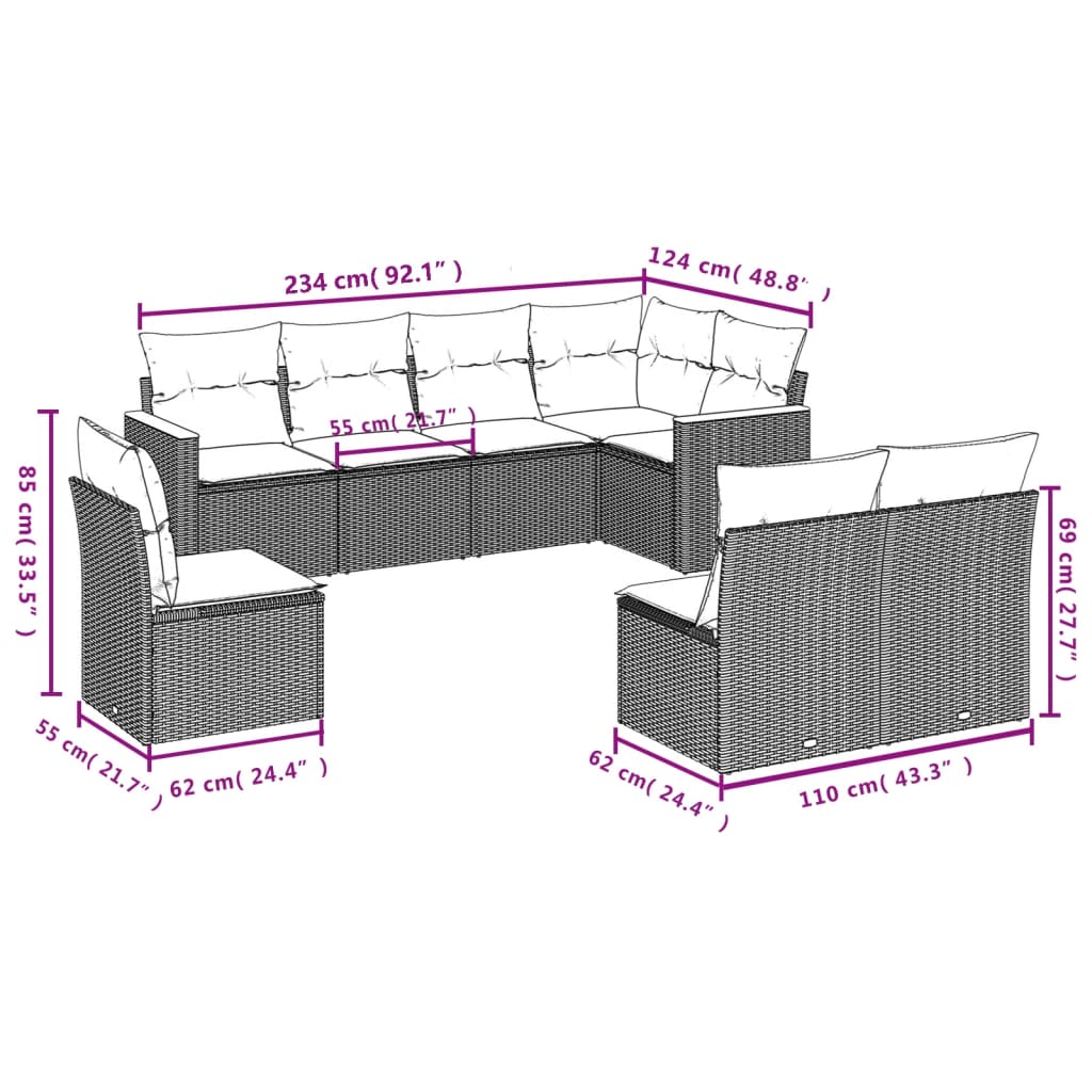 vidaXL 8-delige Loungeset met kussens poly rattan grijs afbeelding