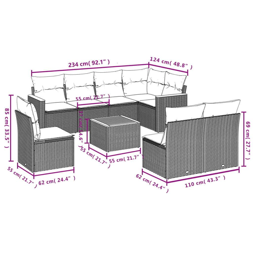 Set mobilier de grădină cu perne, 9 piese, negru, poliratan 3258451 - imagine 3