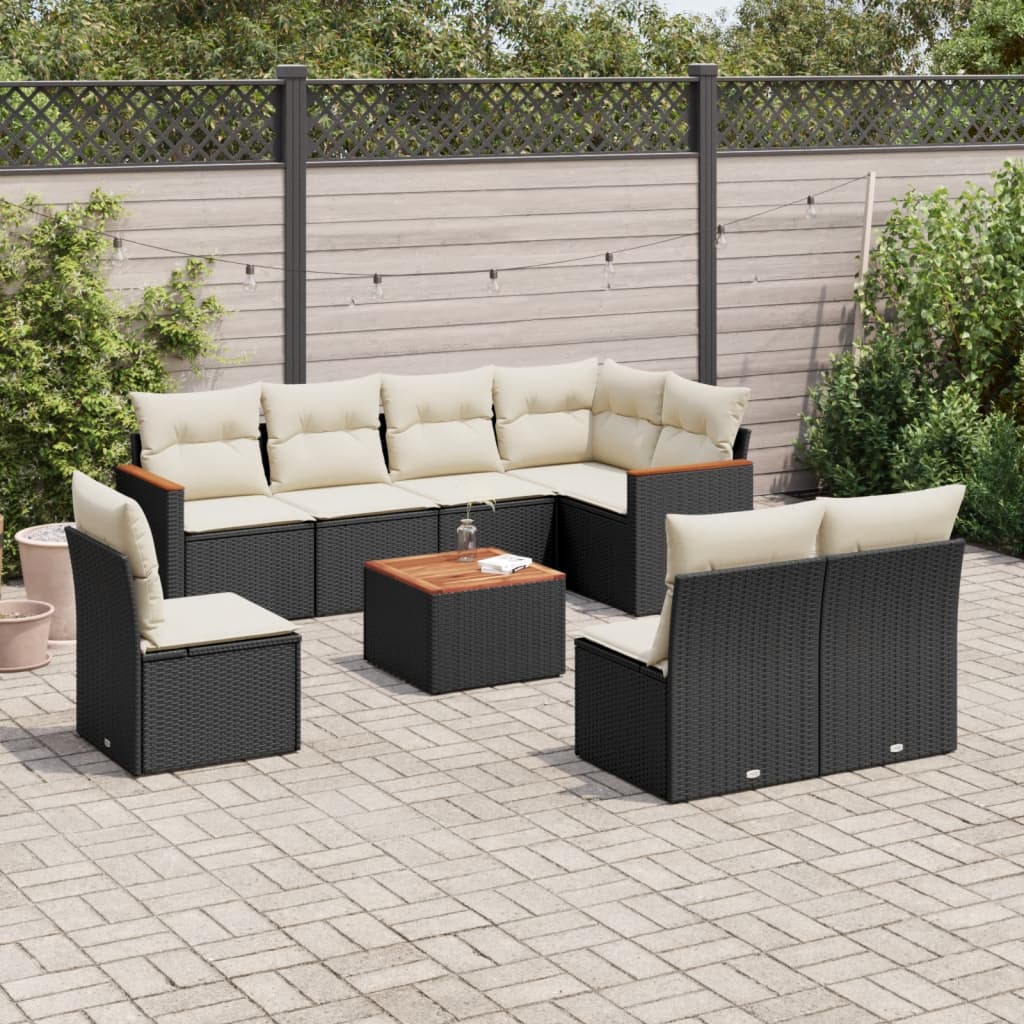 vidaXL 9-tlg. Garten-Sofagarnitur mit Kissen Schwarz Poly Rattan