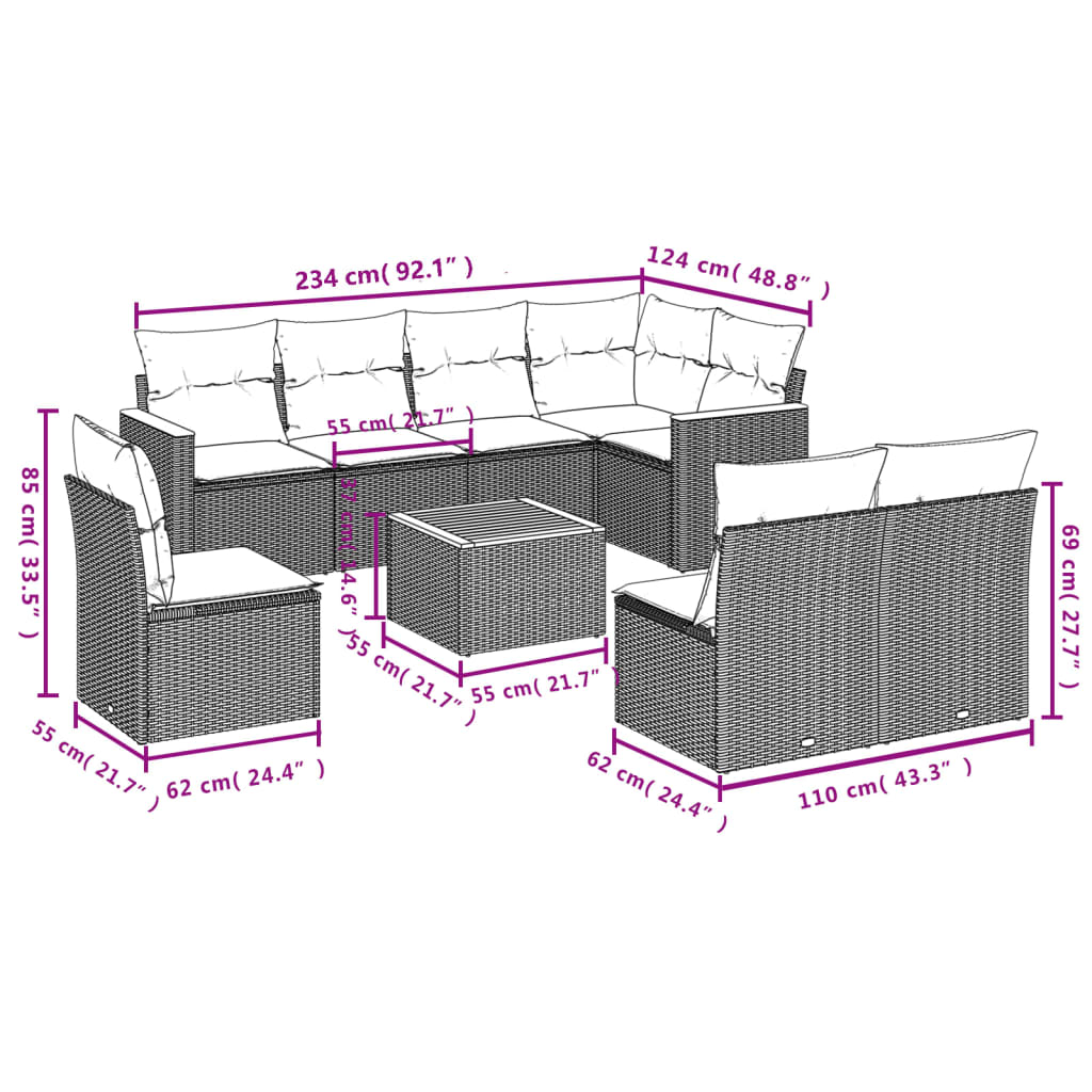 vidaXL 9-delige Loungeset met kussens poly rattan beige afbeelding