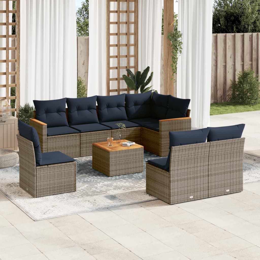 Set de sofás de jardín 9 pzas con cojines ratán sintético gris
