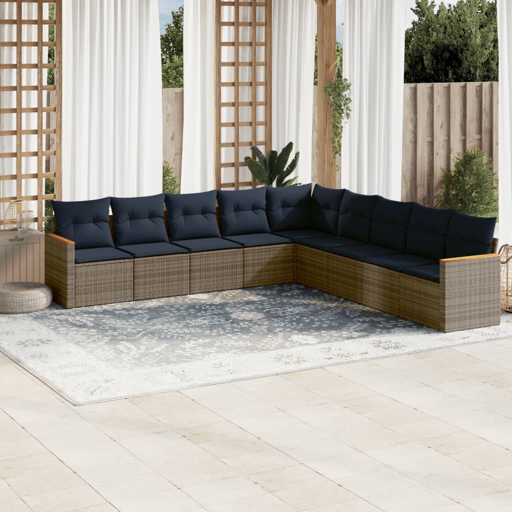 Set de sofás de jardín 9 pzas con cojines ratán sintético gris