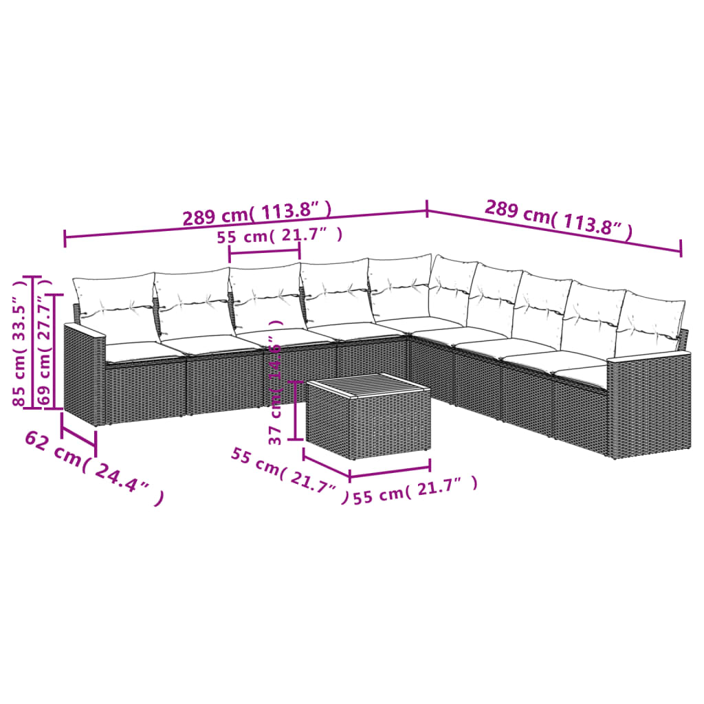 Set canapele de grădină cu perne, 10 piese, negru, poliratan 3258464 - imagine 3
