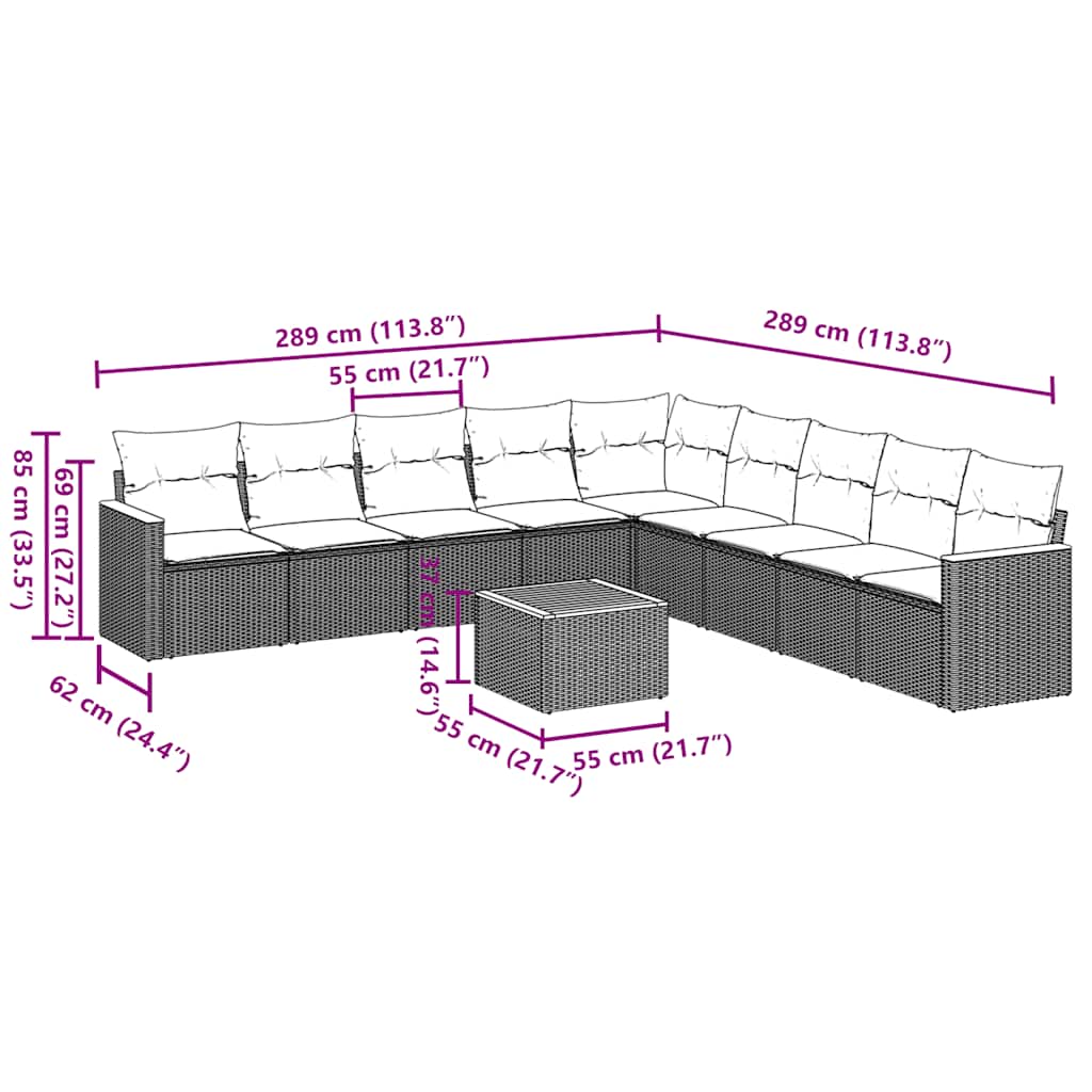 Set canapele de grădină cu perne, 10 piese, negru, poliratan 3258465 - imagine 3