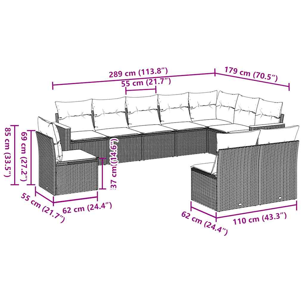 vidaXL 10-delige Loungeset met kussens poly rattan zwart afbeelding
