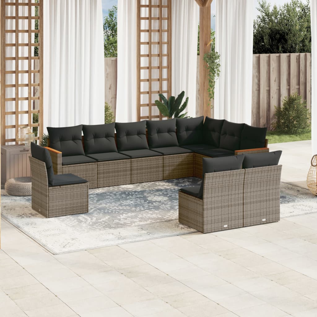 vidaXL 10-tlg. Garten-Sofagarnitur mit Kissen Grau Poly Rattan