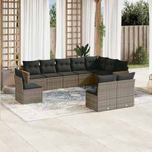 Vrtna sedežna garnitura 10-delna z blazinami siv poli ratan