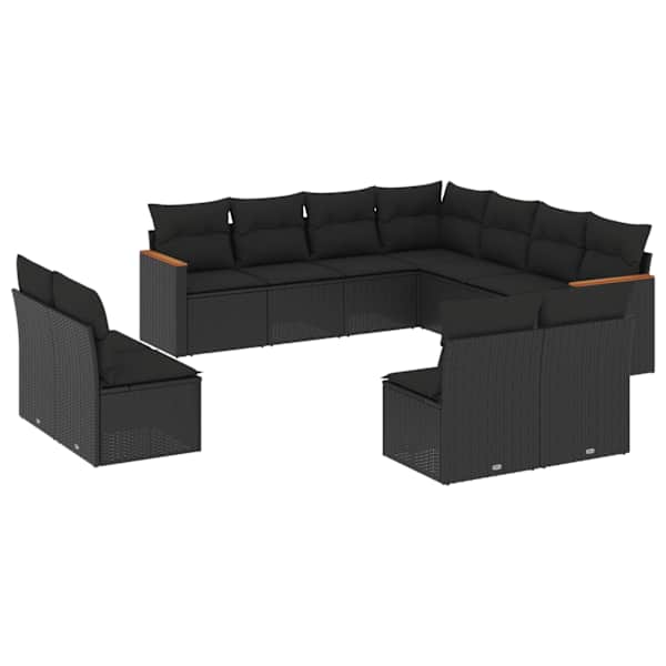 vidaXL 11-osaline aiadiivani komplekt patjadega, must, pol&uuml;rotang