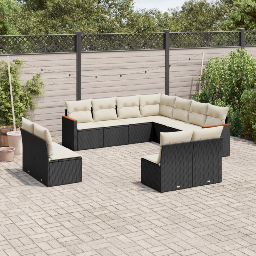 vidaXL 11-tlg. Garten-Sofagarnitur mit Kissen Schwarz Poly Rattan