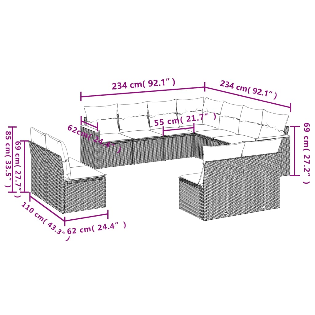 vidaXL 11-delige Tuinset met kussens poly rattan beige afbeelding