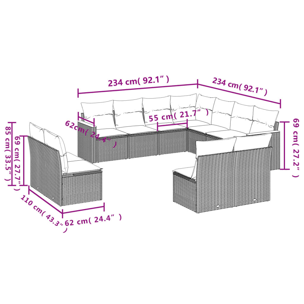 Set canapele de grădină cu perne, 11 piese, gri, poliratan 3258490 - imagine 3