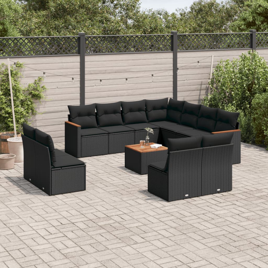 vidaXL 12-tlg. Garten-Sofagarnitur mit Kissen Schwarz Poly Rattan