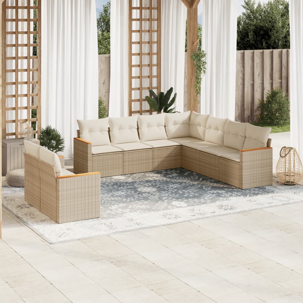 9-tlg. Garten-Sofagarnitur mit Kissen Beige Poly Rattan