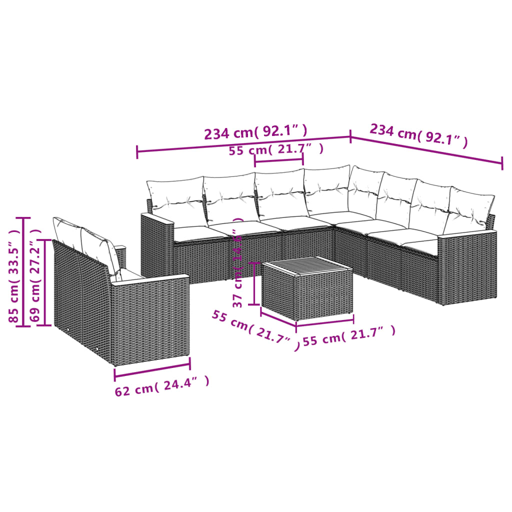 Thumbnail - vidaXL 10-tlg. Garten-Sofagarnitur mit Kissen Schwarz Poly Rattan