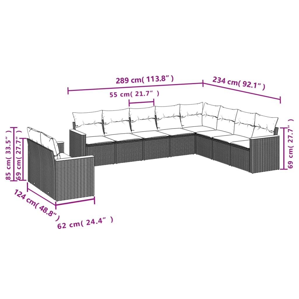 Set canapele de grădină cu perne, 10 piese, negru, poliratan 3258514 - imagine 3