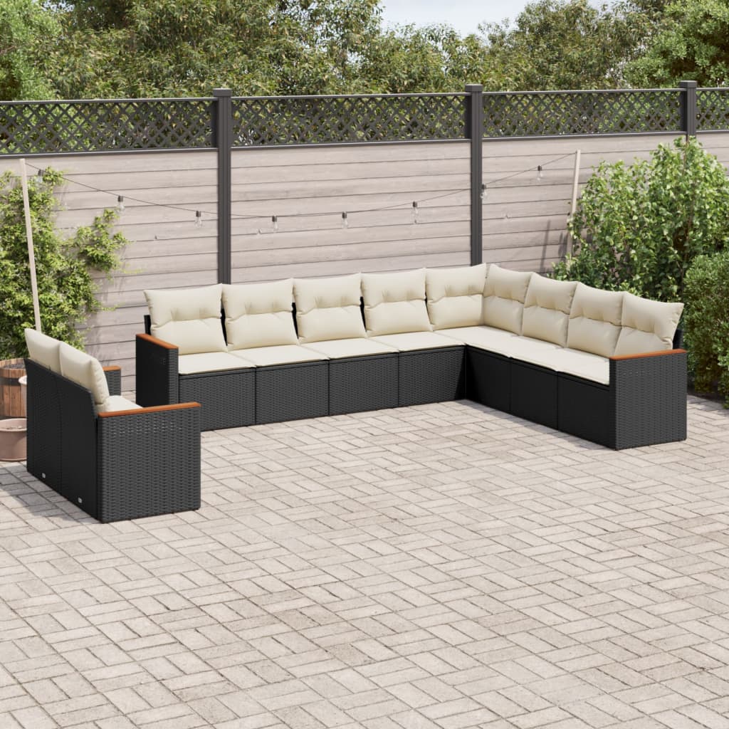 vidaXL 10-tlg. Garten-Sofagarnitur mit Kissen Schwarz Poly Rattan