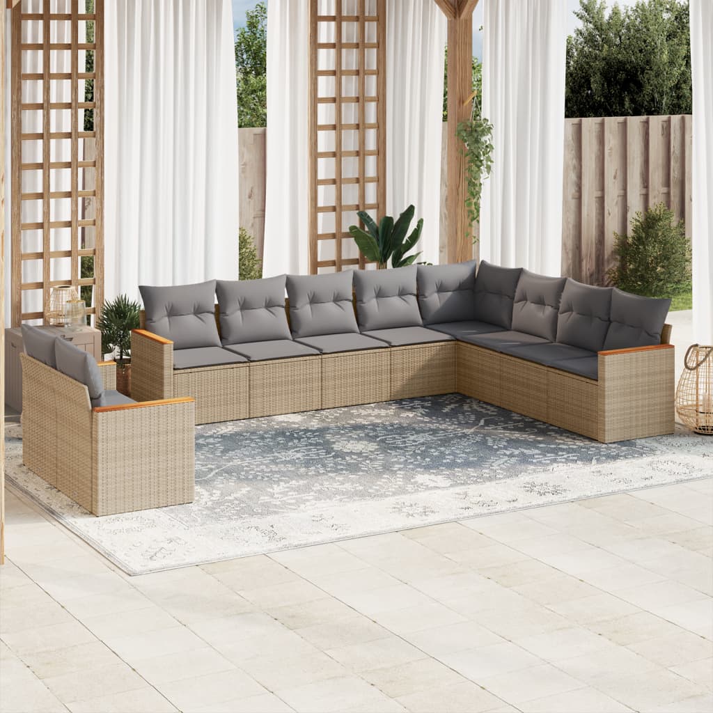 vidaXL 10-tlg. Garten-Sofagarnitur mit Kissen Beige Poly Rattan