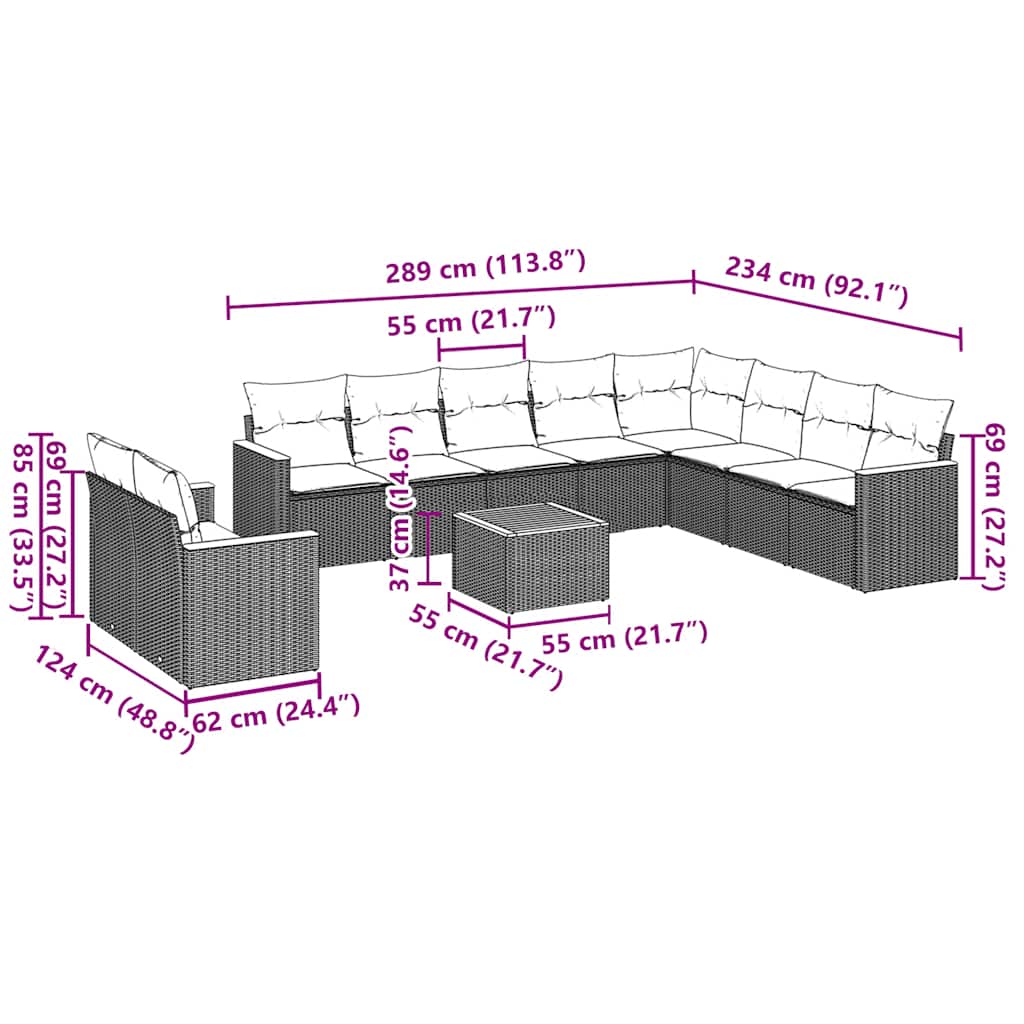 vidaXL 11-delige Loungeset met kussens poly rattan zwart afbeelding