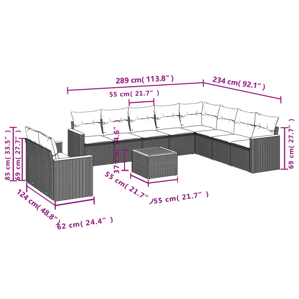Set canapele de grădină cu perne, 11 piese, negru, poliratan 3258521 - imagine 3