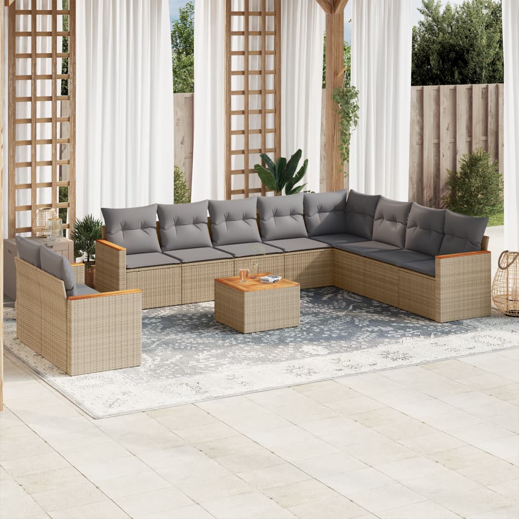 vidaXL 11-tlg. Garten-Sofagarnitur mit Kissen Beige Poly Rattan