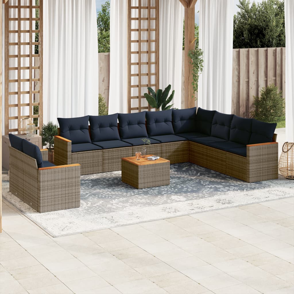 Set de sofás de jardín 11 pzas y cojines ratán sintético gris