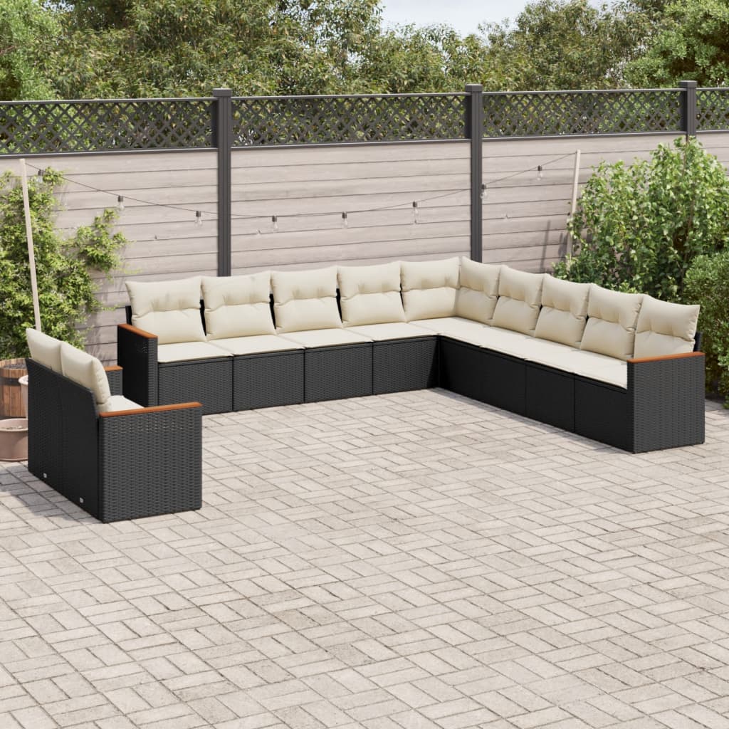 vidaXL 11-tlg. Garten-Sofagarnitur mit Kissen Schwarz Poly Rattan