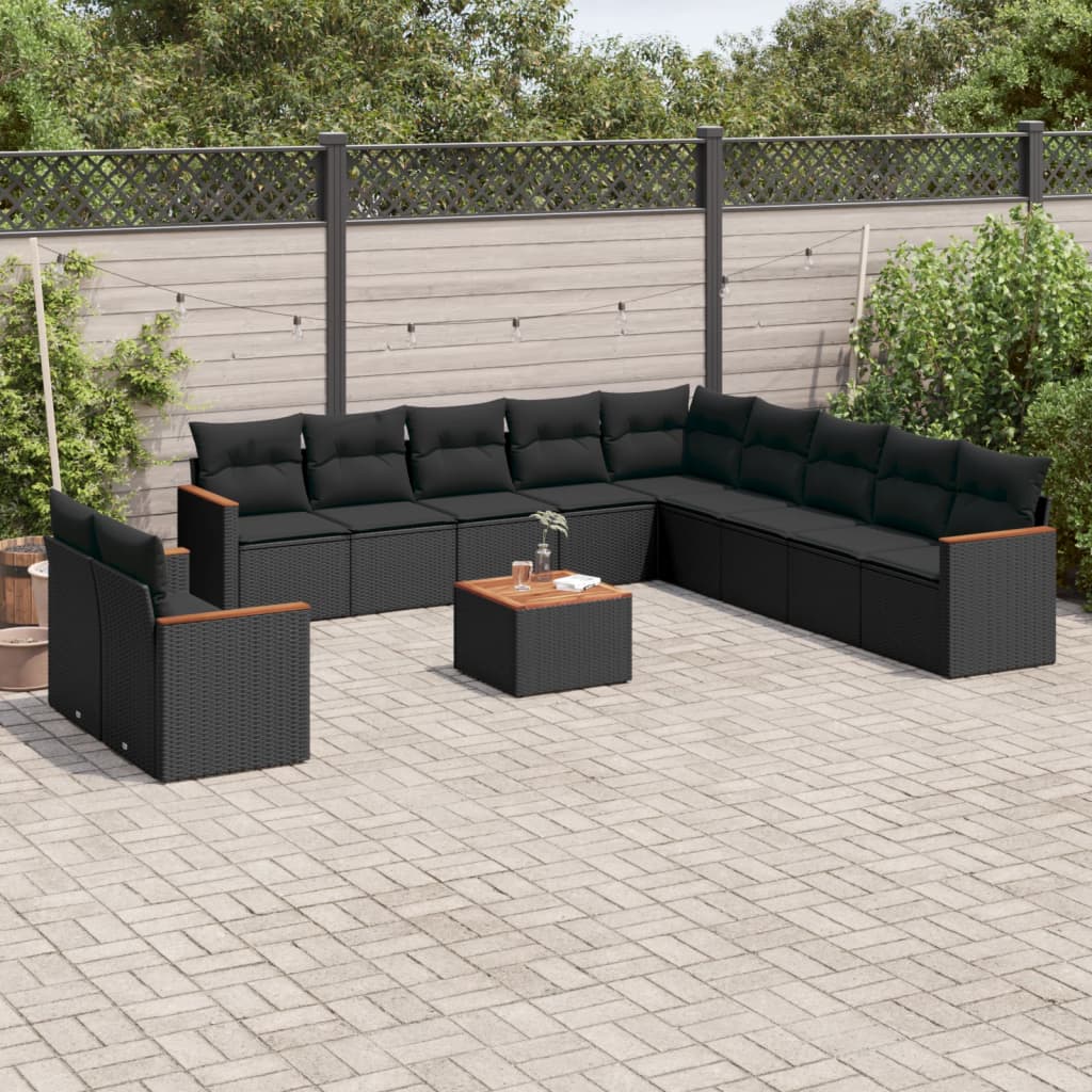 12-tlg. Garten-Sofagarnitur mit Kissen Schwarz Poly Rattan