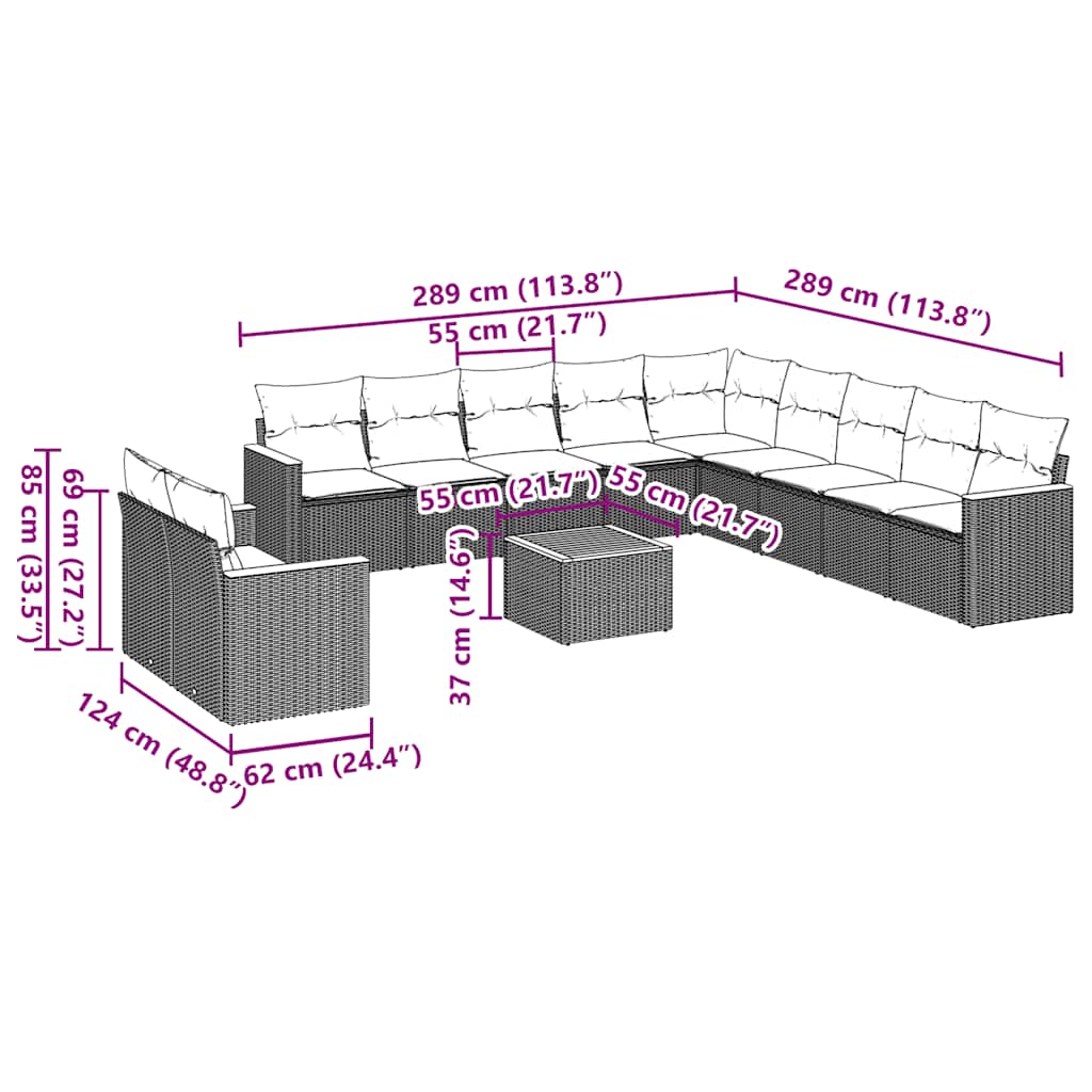 vidaXL 12-delige Loungeset met kussens poly rattan zwart afbeelding