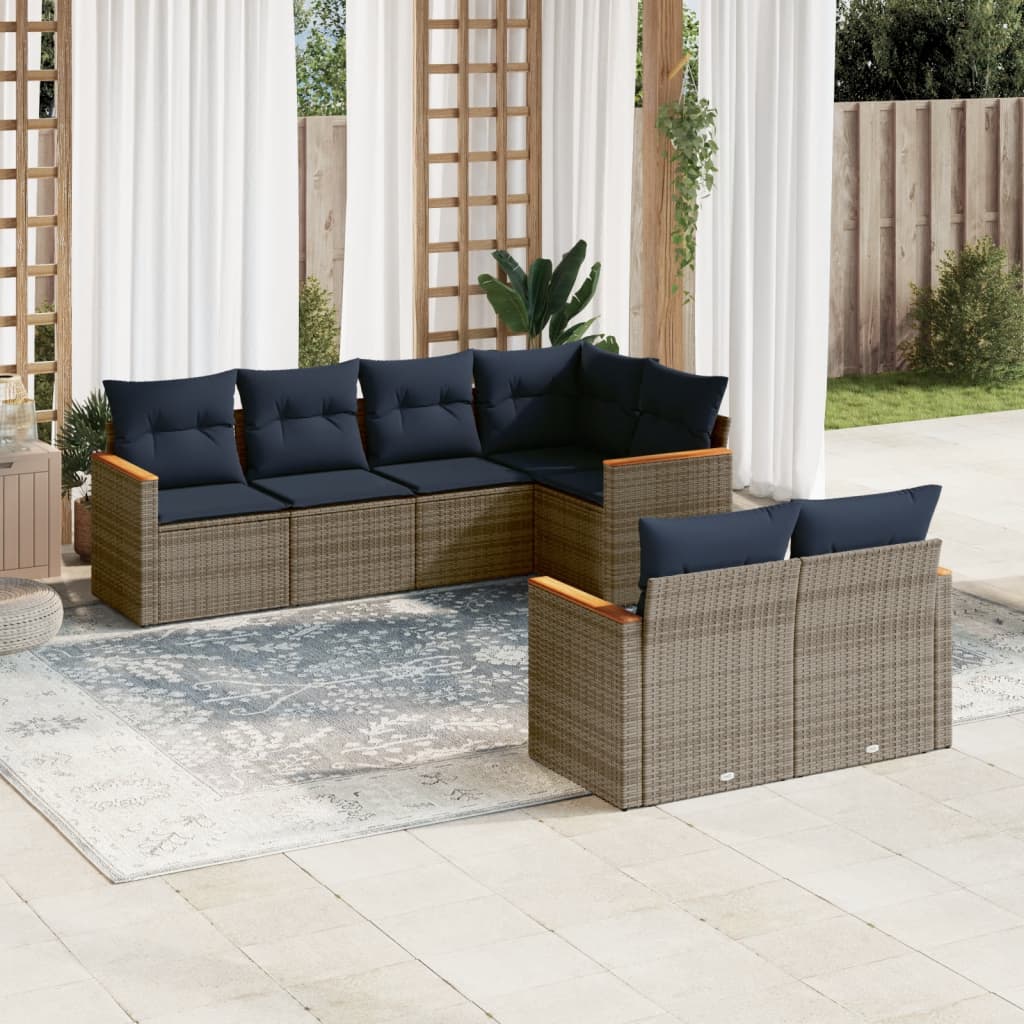 Set de sofás de jardín 7 pzas con cojines ratán sintético gris