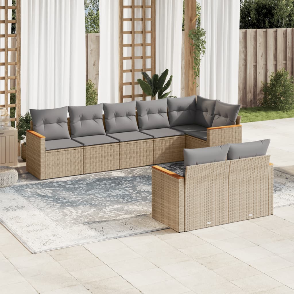 vidaXL 8-tlg. Garten-Sofagarnitur mit Kissen Beige Poly Rattan