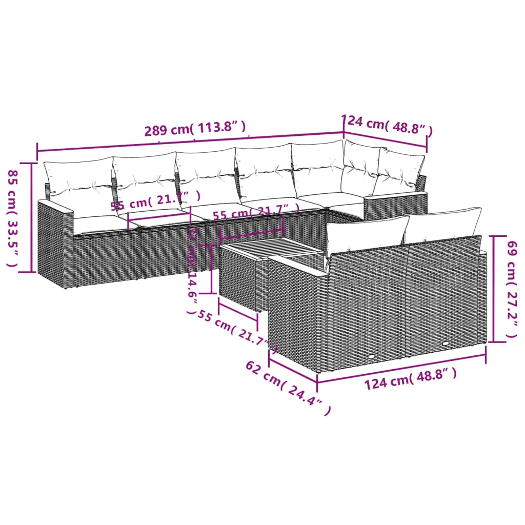 Set mobilier de grădină cu perne, 9 piese, negru, poliratan 3258556 - imagine 3
