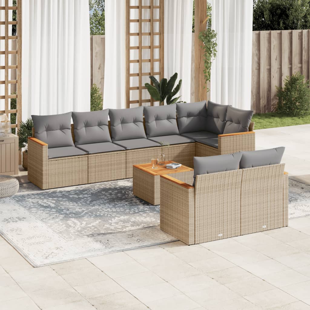 vidaXL 9-tlg. Garten-Sofagarnitur mit Kissen Beige Poly Rattan