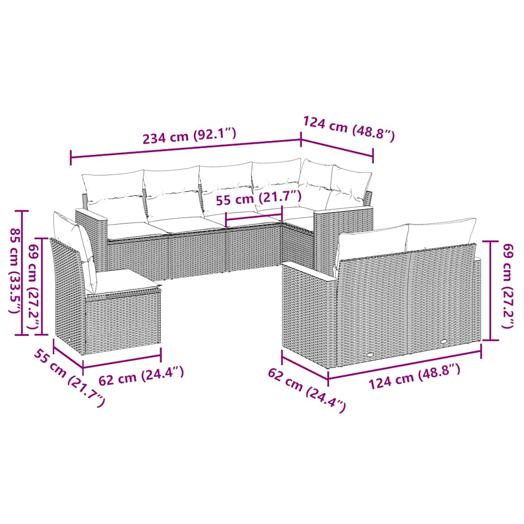 Set mobilier de grădină cu perne, 8 piese, negru, poliratan 3258563 - imagine 3