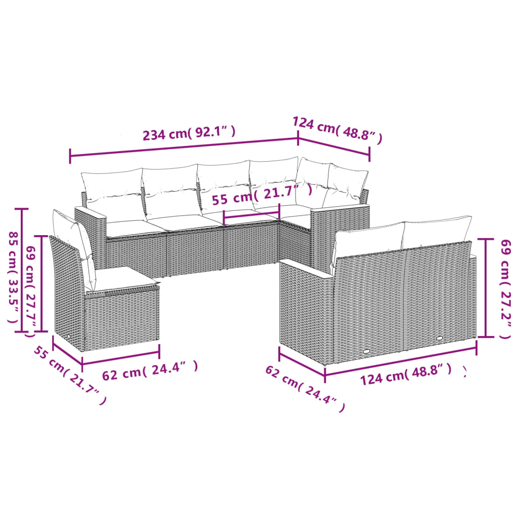 vidaXL 8-delige Loungeset met kussens poly rattan grijs afbeelding