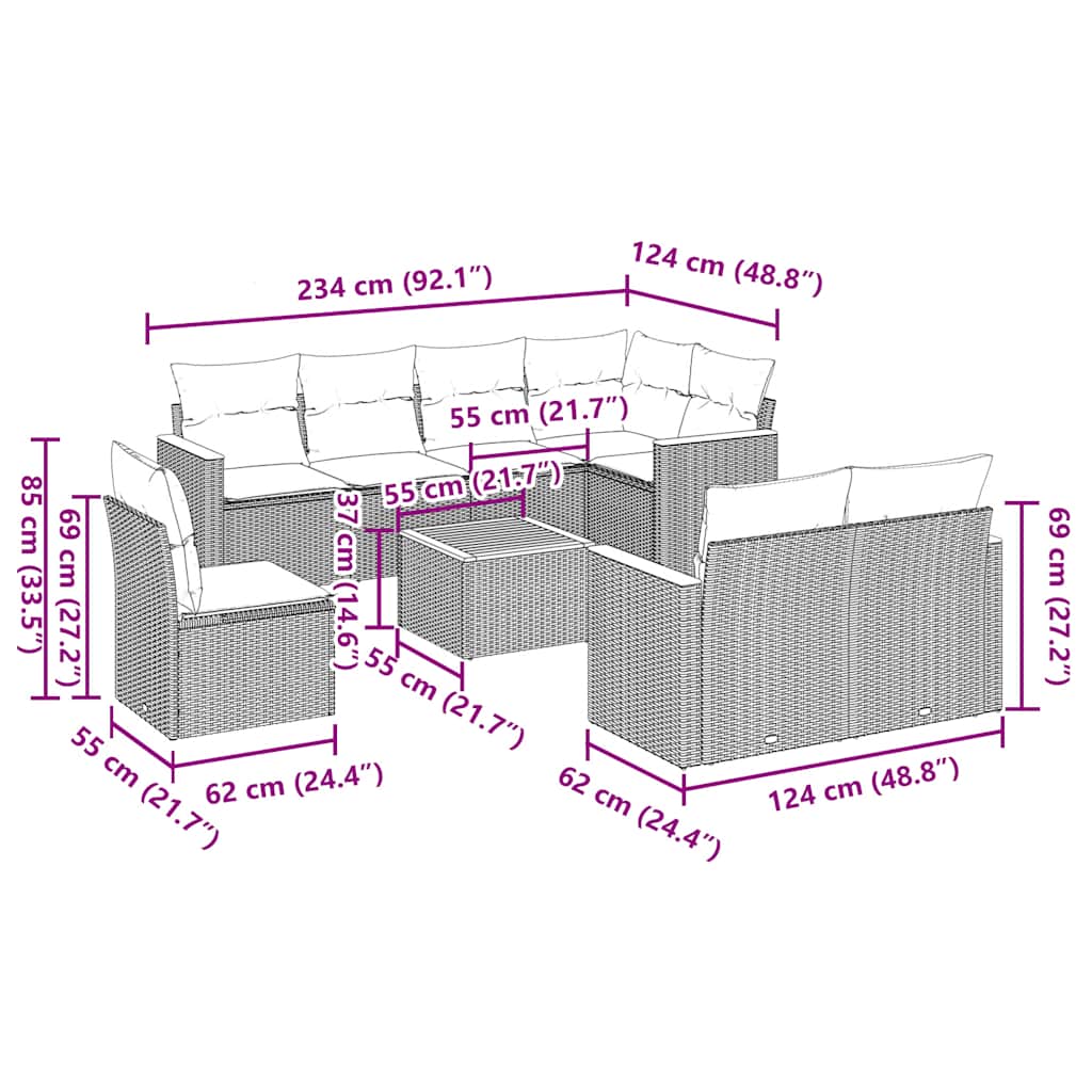 Set mobilier de grădină cu perne, 9 piese, negru, poliratan 3258570 - imagine 3