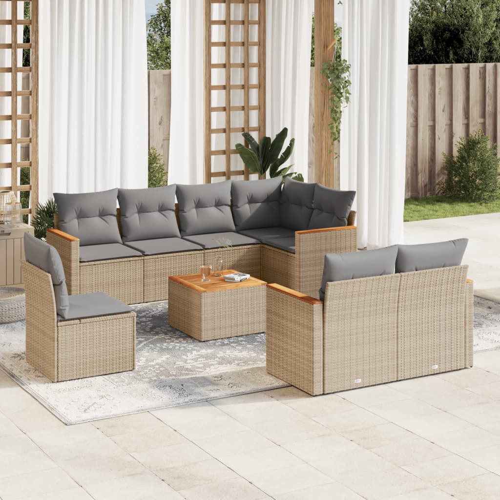 Sofasæt til haven - 9 dele i beige polyrattan med hynder og akacietræsbord