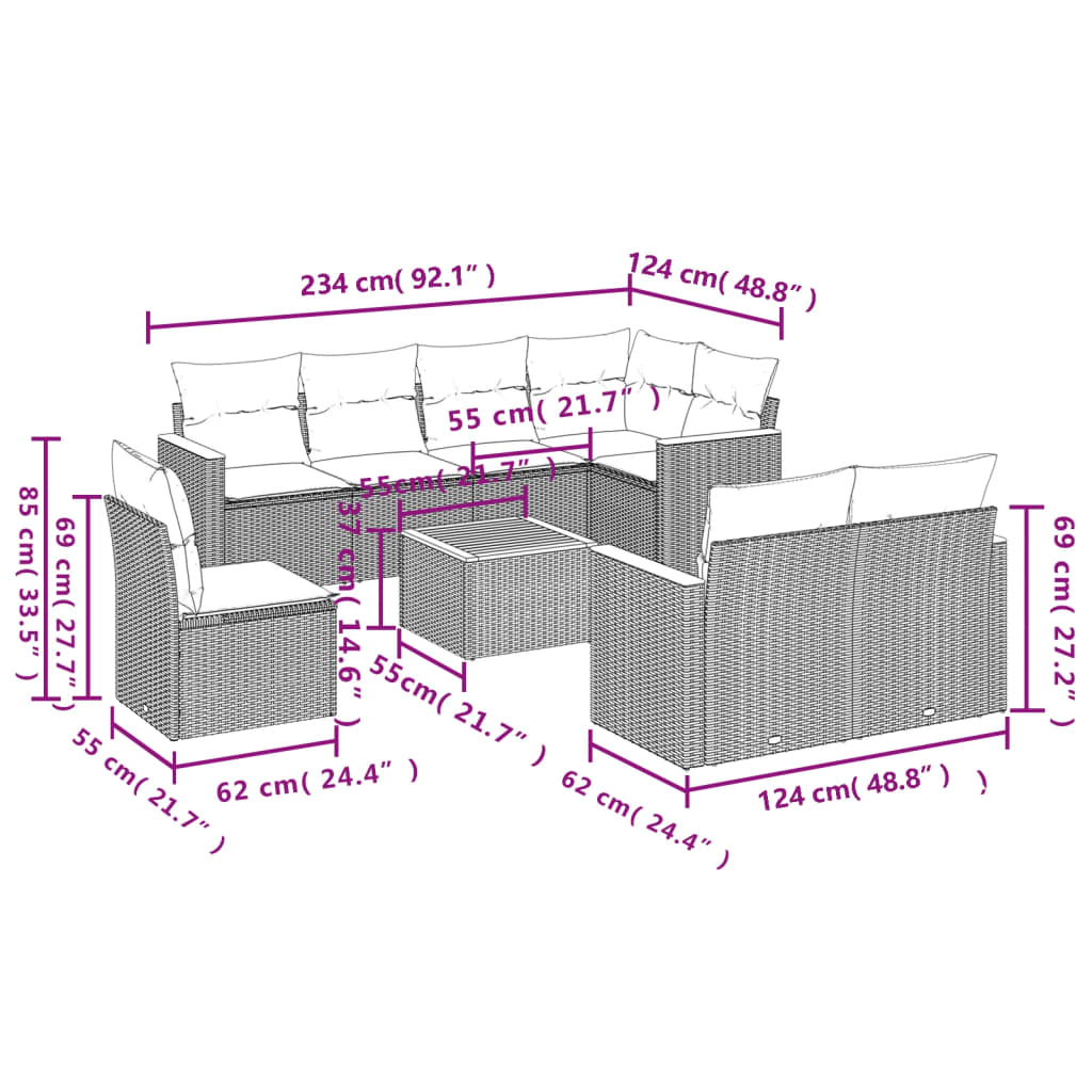 vidaXL 9-delige Loungeset met kussens poly rattan grijs afbeelding