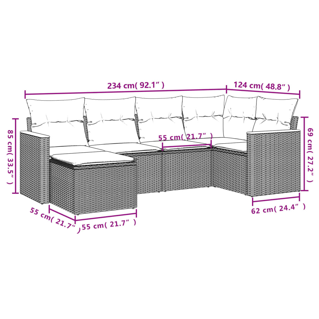 vidaXL 6-delige Loungeset met kussens poly rattan beige