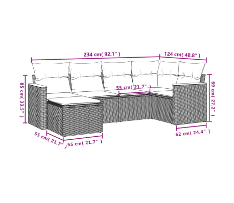 vidaXL 6-tlg. Garten-Sofagarnitur mit Kissen Beige Poly Rattan