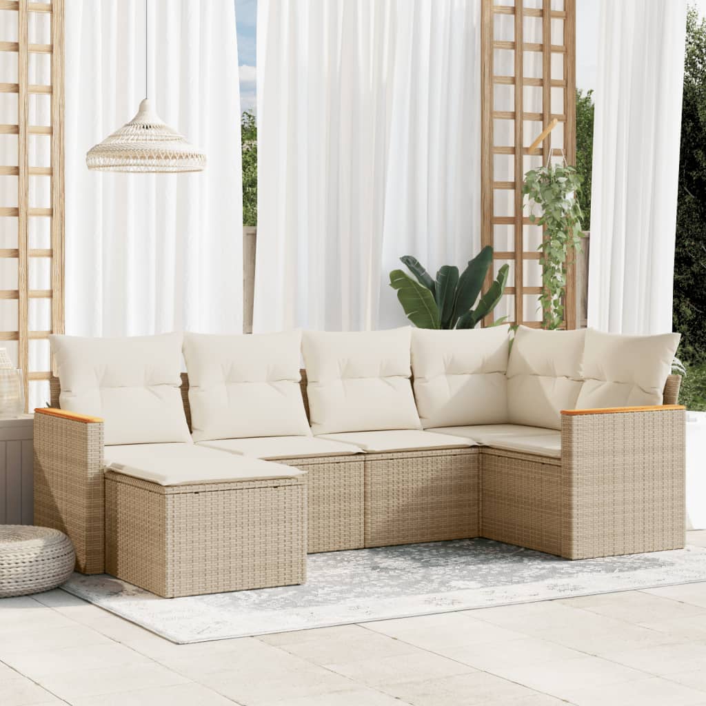 6-tlg. Garten-Sofagarnitur mit Kissen Beige Poly Rattan