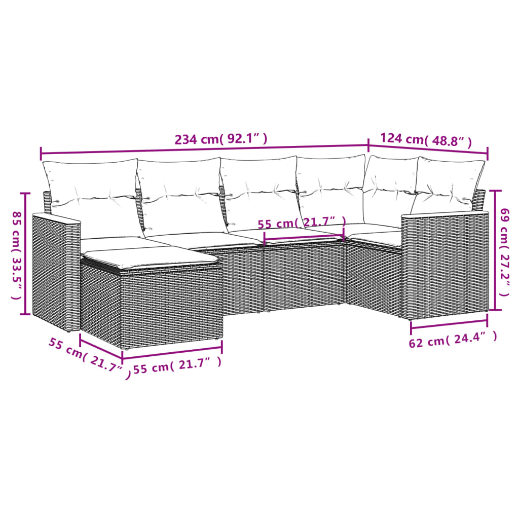 vidaXL 6-delige Loungeset met kussens poly rattan beige afbeelding