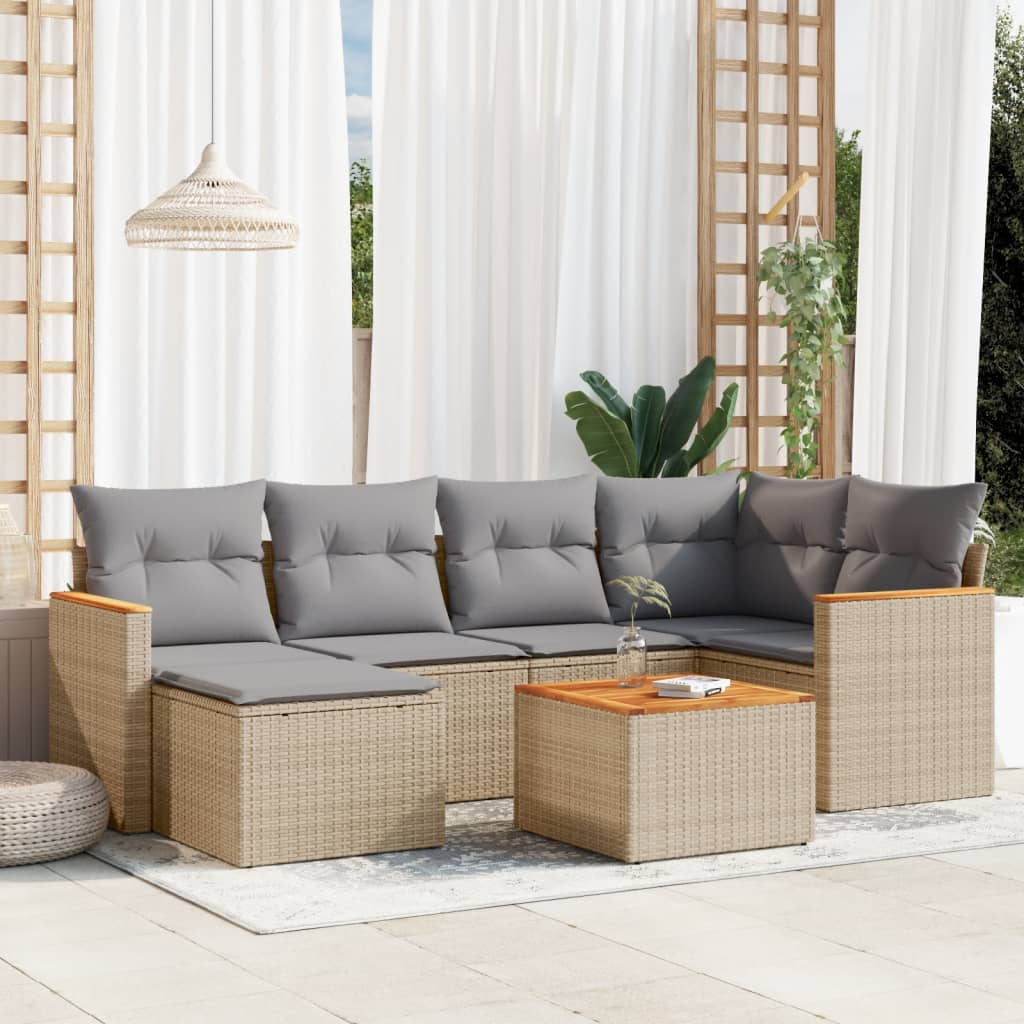 vidaXL 7-tlg. Garten-Sofagarnitur mit Kissen Beige Poly Rattan