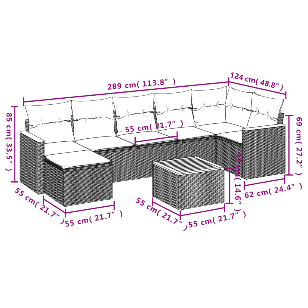 vidaXL 8-delige Loungeset met kussens poly rattan zwart afbeelding