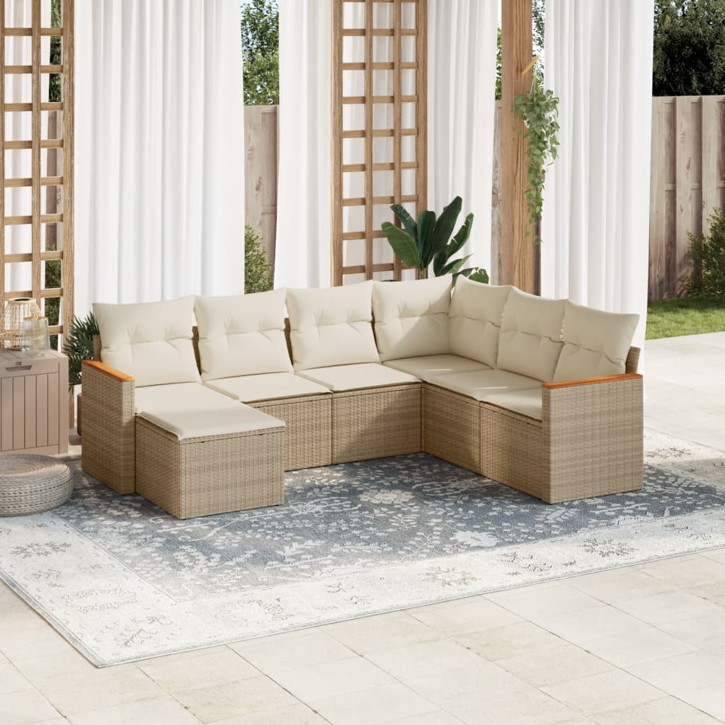 vidaXL 7-tlg. Garten-Sofagarnitur mit Kissen Beige Poly Rattan