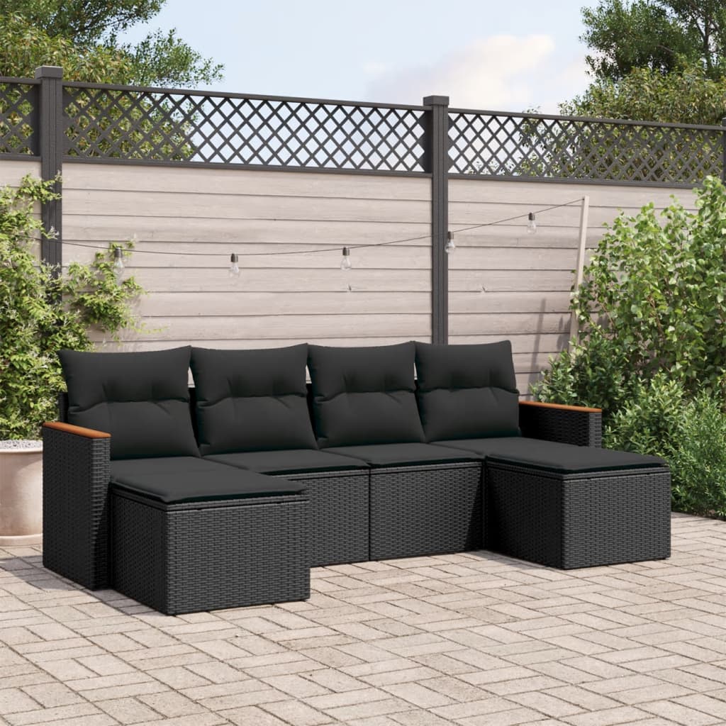 vidaXL 6-tlg. Garten-Sofagarnitur mit Kissen Schwarz Poly Rattan