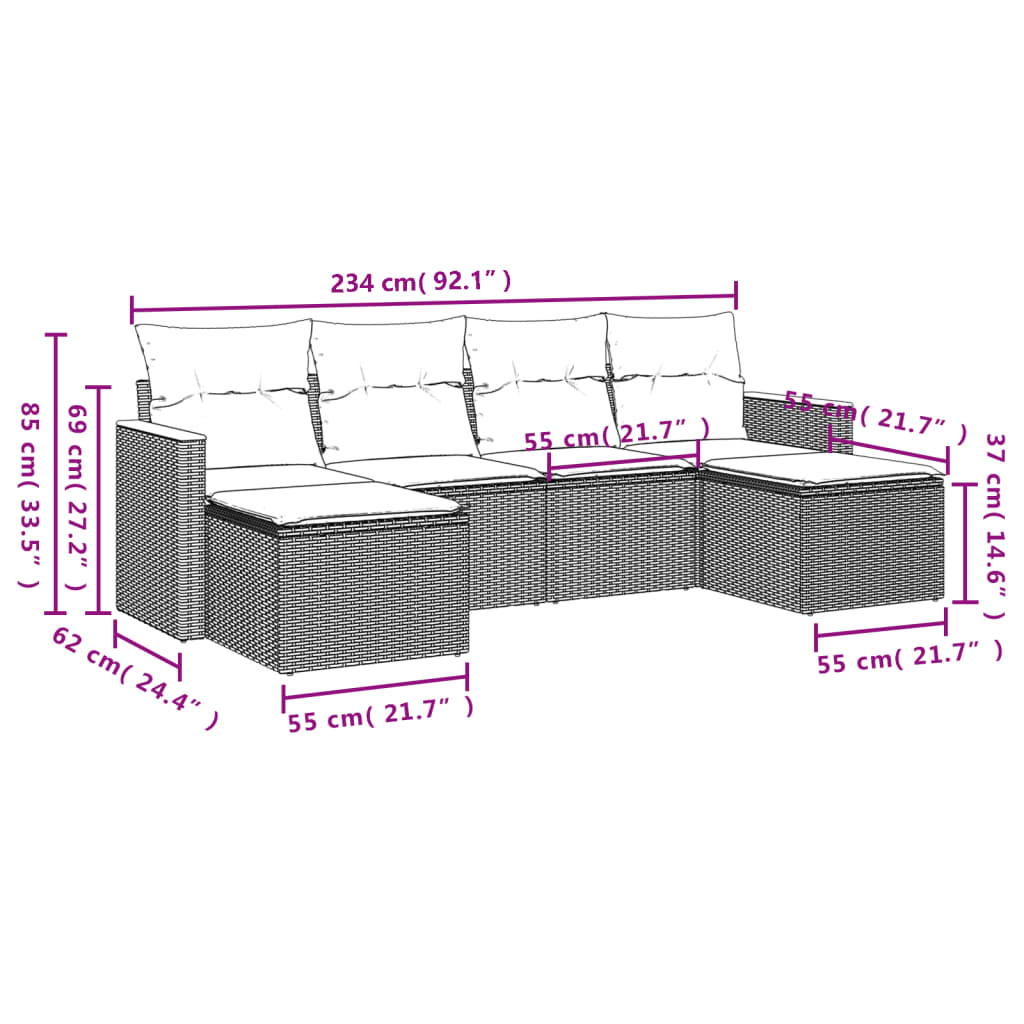 Set mobilier de grădină cu perne, 6 piese, negru, poliratan 3258619 - imagine 3